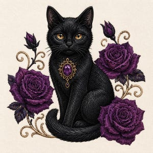 May include: A black cat sitting upright, wearing a gold pendant with a purple gemstone on its chest. The cat is surrounded by three deep purple roses and gold swirling vine accents against a light cream background, rendered in a detailed style.