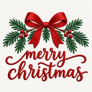 Könnte beinhalten: Ein gesticktes Design mit einer leuchtend roten Schleife, die über grünen Tannenzweigen mit kleinen roten Beeren zentriert ist. Unter der Schleife und den Zweigen ist der Text merry christmas in einer geschwungenen roten Schrift gestickt.