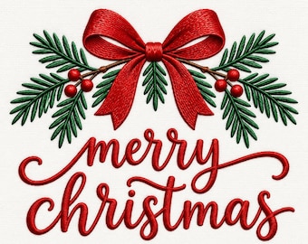 Op de afbeelding: Een geborduurd ontwerp met een felrode strik gecentreerd boven groene dennentakken met kleine rode bessen. Onder de strik en de takken is de tekst merry christmas geborduurd in een vloeiend, cursief rood lettertype op een witte achtergrond.
