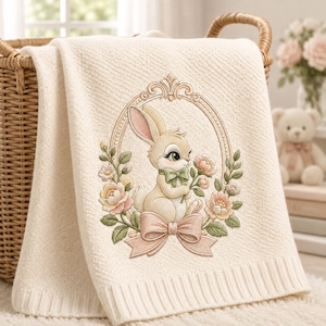 May include: A cream-colored knit blanket featuring an embroidered design of a rabbit inside an oval frame. The rabbit is surrounded by pink and yellow flowers with green leaves and a large pink bow at the bottom of the floral arrangement.