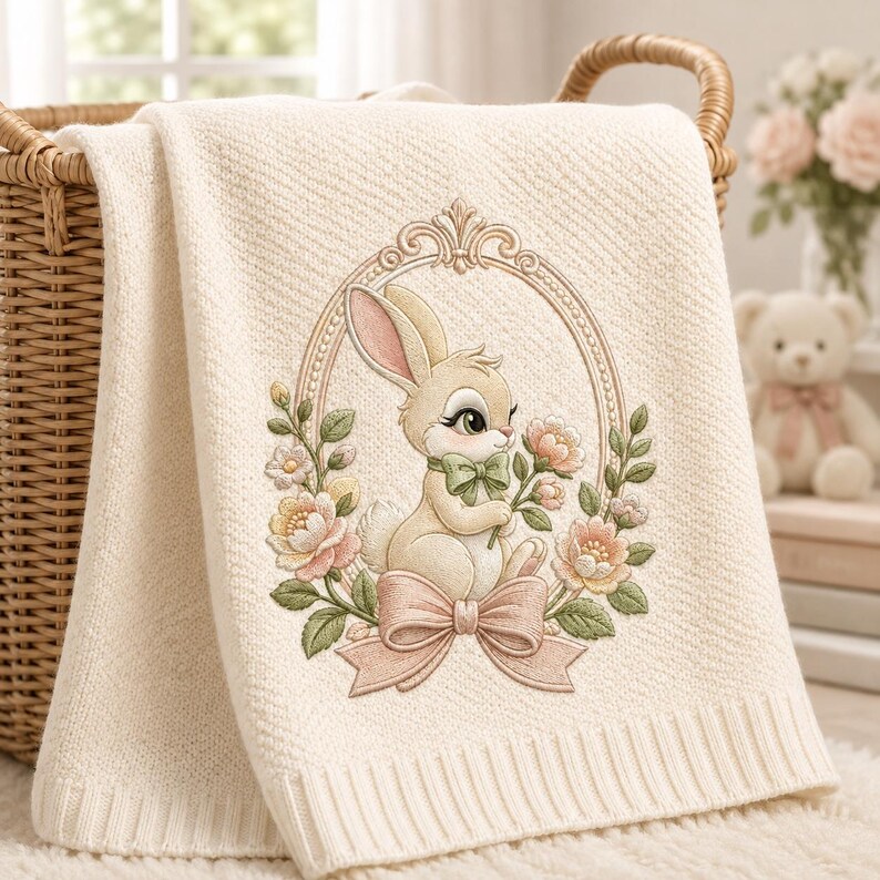 May include: A cream-colored knit blanket featuring an embroidered design of a rabbit inside an oval frame. The rabbit is surrounded by pink and yellow flowers with green leaves and a large pink bow at the bottom of the floral arrangement.