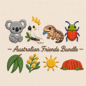 May include: An embroidery design set featuring a grey koala, white cockatoo, brown lizard, red and green beetle, green eucalyptus leaves, yellow wattle flowers, a yellow sun, and a red rock formation with the text Australian Friends Bundle.