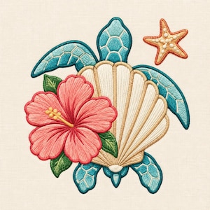Puede incluir: Un parche bordado que muestra una tortuga marina con un caparazón y aletas de color azul claro y verde azulado. La tortuga está situada detrás de una gran flor de hibisco rosa claro con estambres amarillos y una concha beige, acompañada de una estrella de mar naranja.