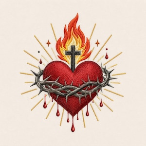 May include: Embroidered design of a red heart encircled by a crown of thorns, with a black cross at the top and flames rising above. Gold rays emanate from behind the heart, with red droplets. Religious themed.