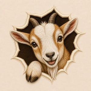 Op de afbeelding: Een geborduurde patch met een bruin en wit geitje dat door een grillige opening in de stijl van gescheurd papier kijkt. Het geitje heeft kleine hoorns, donkere ogen en een lichte snuit, met één hoef zichtbaar onderaan het ronde kader.