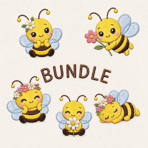 May include: A collection of embroidered bee designs. The bees are yellow and black with blue wings, and some are adorned with flowers. The word "BUNDLE" is embroidered in brown letters above the bees. The bees are in various poses.