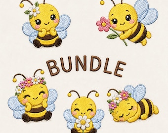 May include: A collection of embroidered bee designs. The bees are yellow and black with blue wings, and some are adorned with flowers. The word "BUNDLE" is embroidered in brown letters above the bees. The bees are in various poses.