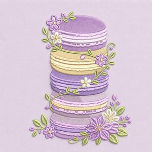 Peut inclure: Un motif de broderie représentant une pile verticale de cinq macarons ronds dans des tons alternés de violet et de jaune pâle. Une vigne délicate avec des feuilles vertes et de petites fleurs violettes et blanches entoure les macarons.