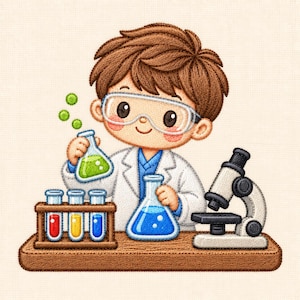 May include: An embroidered illustration of a young scientist with brown hair wearing safety goggles and a white lab coat. The scientist holds a green liquid flask with bubbles, while a rack of red, yellow, and blue test tubes and a microscope sit nearby.
