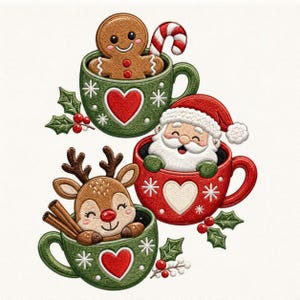 May include: An embroidery design featuring three mugs. One green mug holds a gingerbread person and a candy cane. A red mug contains Santa Claus. Another green mug holds a reindeer with cinnamon sticks. Each mug features a heart and snowflakes.