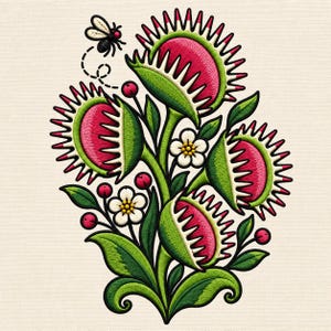 May include: An embroidered patch featuring three Venus flytrap plants with green outer leaves and vibrant pink interiors, surrounded by small white flowers, red berries, and a black and white bee flying above with a dotted flight path line.