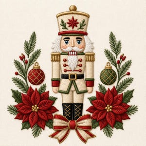 May include: An embroidered nutcracker figure in a cream uniform with red and green accents, flanked by two poinsettia flowers, pine branches, and two round ornaments. A red and cream striped bow sits at the base of the nutcracker's black boots.