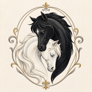 May include: An illustration of a black horse and a white horse with their heads touching, enclosed within an oval frame featuring gold and silver decorative scrollwork and a fleur-de-lis motif at the top and bottom on a cream background.