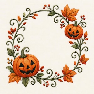 May include: An embroidery design featuring a circular wreath of swirling green vines, orange jack-o'-lantern pumpkins, red berries, and orange maple leaves. The design is stitched onto a plain white fabric background with detailed textures.