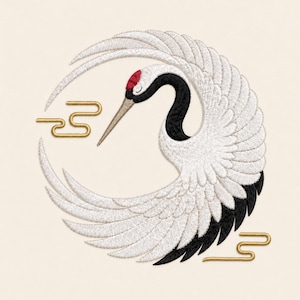 May include: An embroidered design of a crane with white feathers, a black neck, and a red crown on its head. The bird is positioned in a circular shape with its wings spread. Two gold-colored stylized cloud motifs are placed on the left and right.