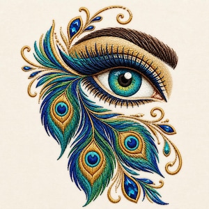 May include: An intricate machine embroidery design featuring a human eye with a vibrant blue and green iris. The eye is surrounded by detailed peacock feathers in shades of teal, navy, and gold, accented with dark brown eyebrow embroidery.