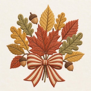 Puede incluir: Un diseño de bordado que presenta un grupo central de hojas de otoño en tonos rojo, naranja, amarillo y verde, acentuado con tres bellotas marrones y atado en la base con un lazo decorativo a rayas en colores crema y óxido.
