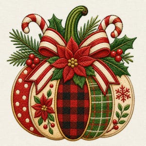 May include: An embroidered pumpkin design featuring a red and black buffalo plaid center, a green plaid section, and a red polka dot side. It is decorated with a red poinsettia, a striped bow, candy canes, pine needles, holly, and berries.