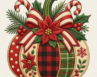 Op de afbeelding: Een geborduurd pompoenontwerp met een rood-zwart geruit midden, een groen geruit gedeelte en een rood gestippelde zijkant. Het is versierd met een rode kerstster, een gestreepte strik, zuurstokken, dennennaalden, hulst en bessen.