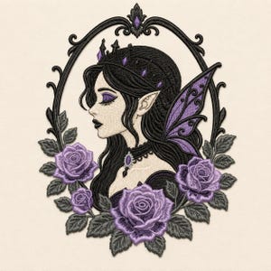 Può includere: Una toppa ricamata che raffigura il profilo di una fata con capelli neri, una corona viola e ali viola. La figura è incorniciata da un bordo ovale nero e decorata con rose viola e foglie verde scuro, creando un design molto dettagliato.
