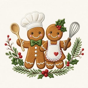 Puede incluir: Un diseño de bordado con dos figuras de pan de jengibre. Una lleva un gorro de chef blanco y sostiene una cuchara de madera, la otra lleva un delantal blanco con un corazón rojo y sostiene un batidor. Están rodeados de acebo verde y bayas rojas.