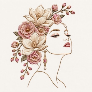 Puede incluir: Un diseño de bordado que muestra el perfil de un rostro adornado con grandes flores de color crema y rosa. La obra incluye costuras detalladas de flores de magnolia y peonía, un pendiente dorado colgante con una piedra rosa y líneas finas.