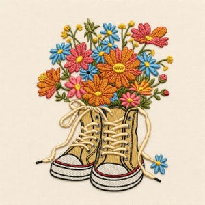 May include: Embroidered image of yellow high-top sneakers filled with a bouquet of colorful flowers. The flowers include orange, pink, and blue blooms. The sneakers have white soles with a red stripe and cream-colored laces.