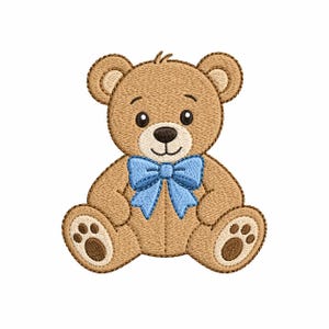 May include: Embroidered teddy bear with a light brown body, dark brown eyes, and a blue bow tie. The bear has detailed stitching and paw prints on its feet. The design is on a white background.