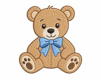 May include: Embroidered teddy bear with a light brown body, dark brown eyes, and a blue bow tie. The bear has detailed stitching and paw prints on its feet. The design is on a white background.