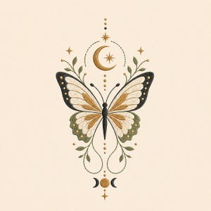 Puede incluir: Ilustración detallada de una mariposa con alas crema, doradas, negras y verdes. Encima de la mariposa hay una luna creciente, una estrella y otros elementos celestiales. El diseño está sobre un fondo crema.