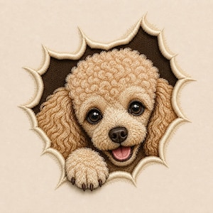 May include: An embroidered patch featuring a light brown poodle puppy with curly fur, large dark eyes, and a black nose. The puppy is depicted peeking through a jagged, dark brown hole with cream-coloured stitched edges on a light beige fabric.