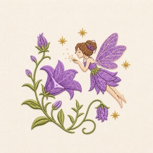 May include: Embroidered design of a fairy with purple wings and dress, blowing sparkles near purple bellflowers and buds. Green leaves and stems surround the flowers. Gold stars are scattered around the fairy.