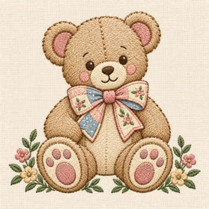 Vintage Teddy Bear Machine Embroidery File, Floral Patchwork Bow Bear, Heirloom Baby Nursery Embroidery