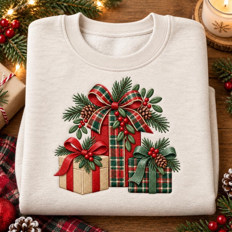 Op de afbeelding: Een beige sweater met ronde hals voorzien van een geborduurd ontwerp van drie gestapelde cadeauverpakkingen. De geschenken zijn ingepakt in rood-groene ruitpatronen, versierd met rode strikken, dennentakken, dennenappels en kleine rode bessen.