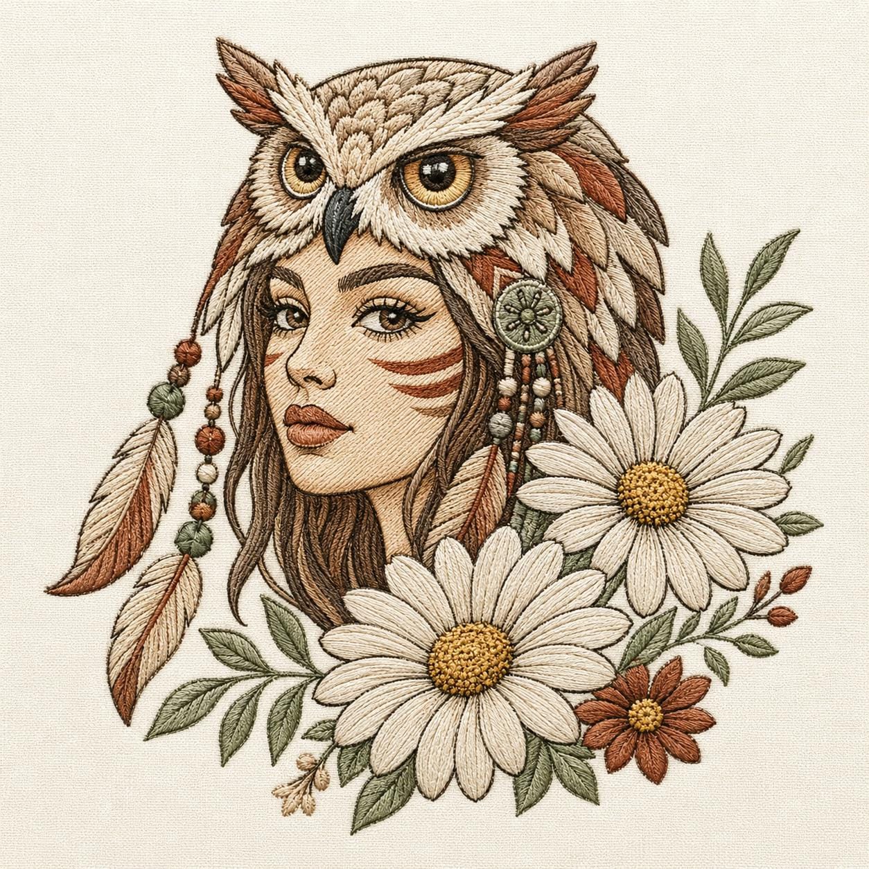 Boho Owl Headdress Woman Machine Embroidery File, Feather and Daisy Floral Girl, Rustic Woodland Sti