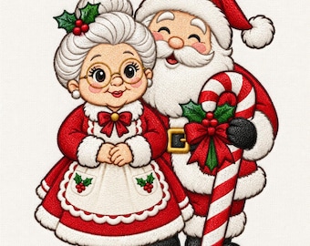 May include: An embroidered design featuring Mrs. Claus with white hair, round glasses, and a red dress with a white apron, standing beside Santa Claus who has a white beard, a red hat, and a red coat, holding a large red and white candy cane.