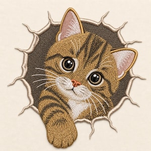 May include: An embroidered patch featuring a brown tabby kitten with large dark eyes and white whiskers peeking through a circular, jagged hole in a dark brown background, creating a three-dimensional effect with detailed stitching.