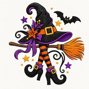 May include: An embroidered design featuring a black witch hat with a purple underside, orange band, and buckle. Below are legs in orange and black striped stockings with black buckled shoes. A broom, a flying bat, and purple and yellow stars.