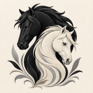 May include: An embroidered design featuring the profiles of two horses, one black and one white, facing opposite directions. The horses have flowing manes and are framed by stylized leaf-like shapes in shades of gray and cream on a light fabric.