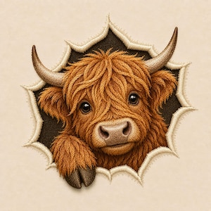 May include: An embroidered patch featuring a fluffy ginger Highland cow peering through a jagged, torn-effect opening. The cow has long, shaggy fur, curved horns, and dark eyes, with one hoof visible at the bottom against a dark brown background.