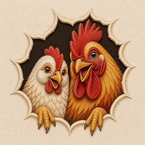 May include: An embroidered design featuring a white chicken and a golden-brown rooster with red combs and wattles, peering out from a jagged, star-shaped cutout against a dark brown background, framed by a cream-colored stitched border.