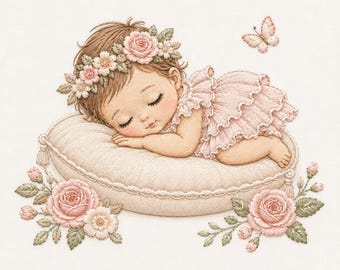May include: A digital illustration of a sleeping infant wearing a pink ruffled dress and a floral crown of pink roses and green leaves. The infant rests on a round, textured cream pillow, surrounded by clusters of pink roses and a small butterfly.