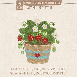 Strawberry Pot Embroidery Design, Garden Fruit Machine Embroidery File (Digital Download)
