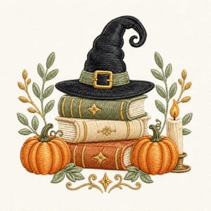 May include: An embroidered design featuring a black witch hat with a green band and gold buckle resting on a stack of three books. Two orange pumpkins, green leafy branches, and a lit candle in a holder flank the books on a light background.