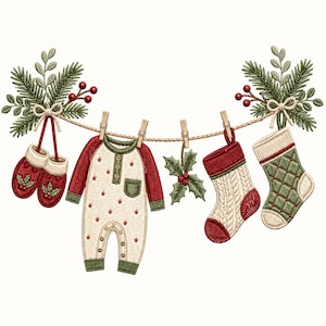 May include: An embroidery design featuring a clothesline with red and white mittens, a cream-colored onesie with red stars, a holly sprig, a cream cable-knit stocking with red accents, and a green quilted stocking, all decorated with pine and berries.