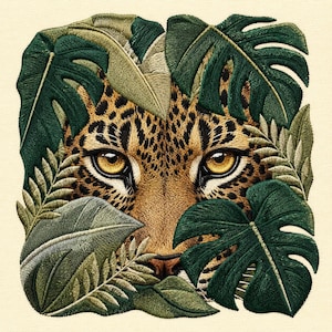 May include: A square embroidered patch featuring a leopard face with amber eyes peering through dense, layered tropical foliage. The design showcases detailed stitching in shades of dark green, olive, and tan, highlighting the leopard's spots.