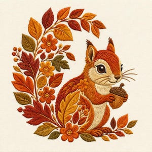 Könnte beinhalten: Ein Stickdesign mit einem Eichhörnchen mit rotbraunem Fell, das eine Eichel hält. Das Eichhörnchen ist von einer geschwungenen Anordnung herbstlich gefärbter Blätter in Orange-, Rot- und Gelbtönen umgeben, die mit kleinen orangefarbenen Blüten akzentuiert sind.