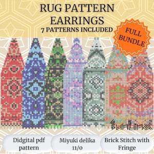 May include: A digital PDF pattern bundle for rug pattern earrings. The image displays seven colourful earring designs with geometric patterns, including red, blue, green, and pink. The earrings are made with Miyuki Delica beads and brick stitch with fringe. The text says "RUG PATTERN EARRINGS, 7 PATTERNS INCLUDED, FULL BUNDLE."