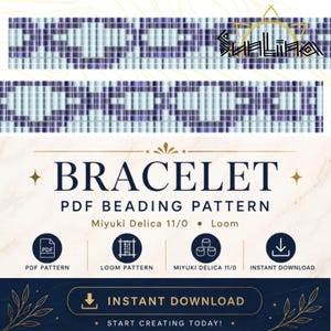 May include: A digital PDF beading pattern for a loom bracelet featuring a geometric design in shades of blue and white. The text reads BRACELET PDF BEADING PATTERN, Miyuki Delica 11/0, Loom, PDF PATTERN, LOOM PATTERN, INSTANT DOWNLOAD, and START CREATING TODAY.
