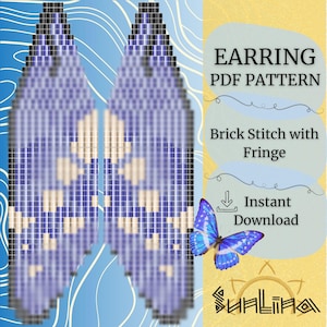 May include: A digital PDF pattern for earrings. The earrings are a blue and white brick stitch design with fringe. The image includes a blue butterfly and the text "EARRING PDF PATTERN Brick Stitch with Fringe Instant Download".